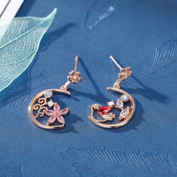 925 Stirling Silver Gold Plated Micro Inlaid CZ Flower/Bird Earring