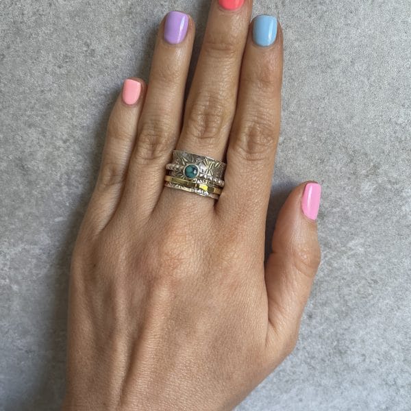 925 Stirling Silver Brass/Copper Spin ring with beautiful Turquoise Stone