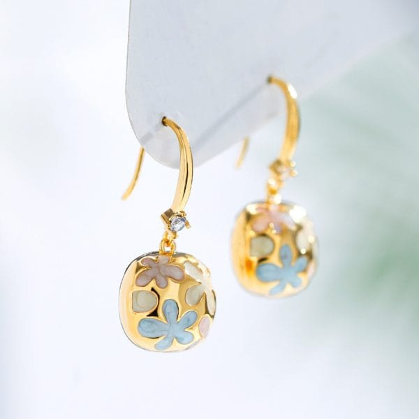 Champagne, Gold & Blue Enamel Drop Earrings