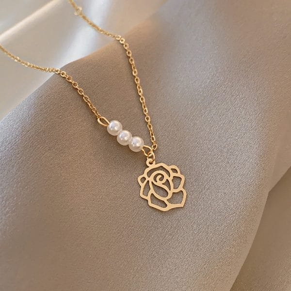 Hollow Flower with Pearl Titanium Steel Necklace